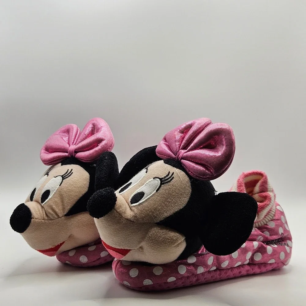 Kids Minnie Mouse Slippers sock top Pink White Polka Dot Bow‎ Plush Cozy Sz 9/10